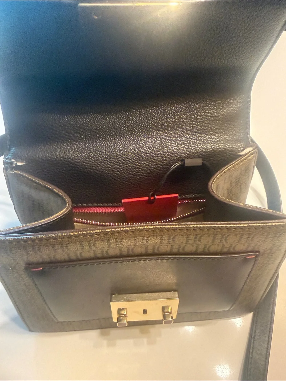 Carolina Herrera Brown Monogram Satchel with Gold-Tone Clasp